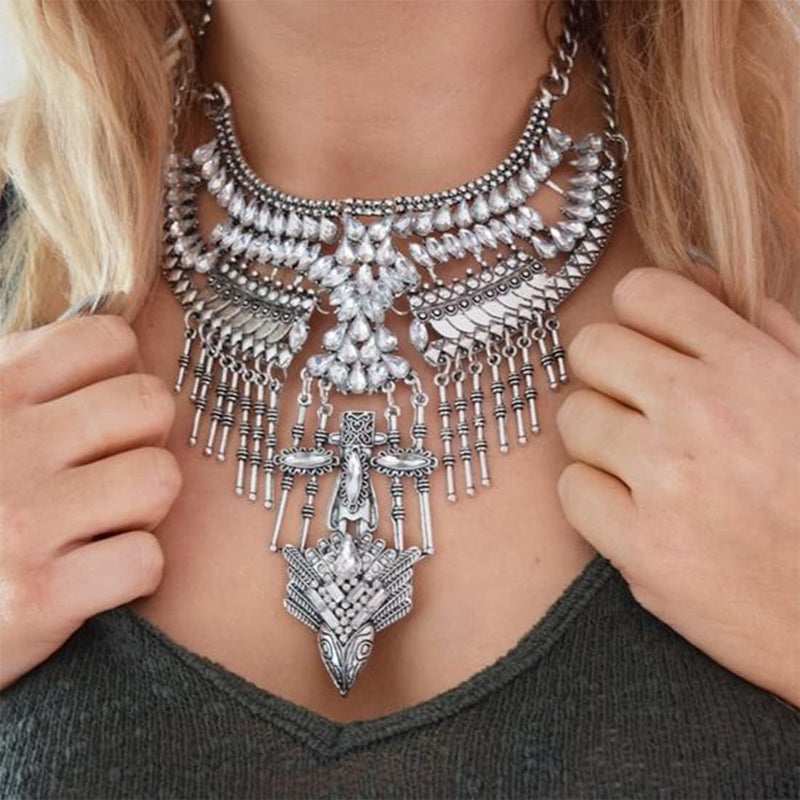 CCBFY Long Tassel Chunky Boho Coin Statement Necklace For Women Silver - Image 4